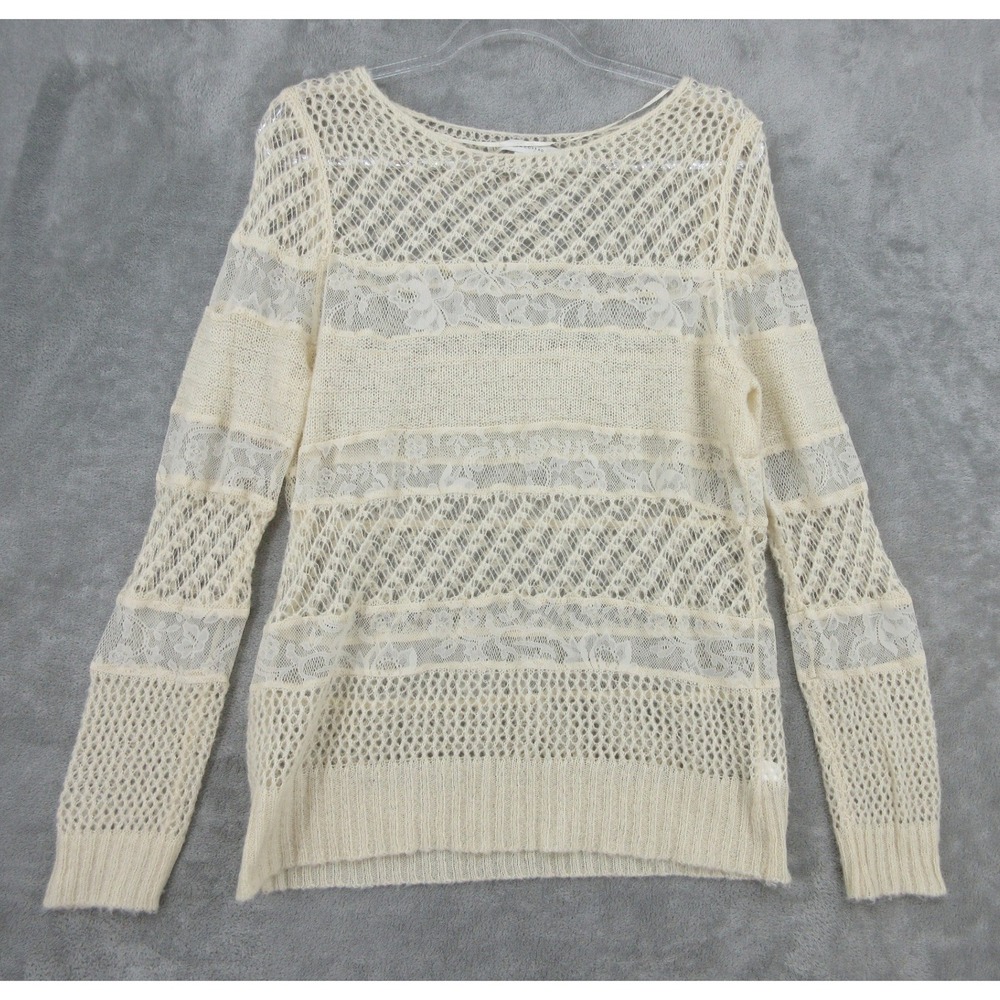 LC Lauren Conrad Sweater Womens Size L Ivory Lace Sheer Crochet Coquette Fairy